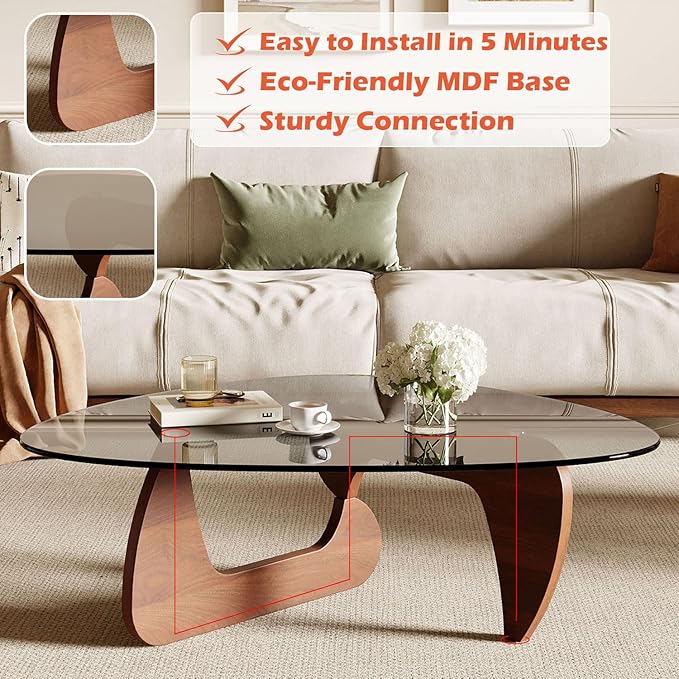 Modern Coffee Table for Living Room and Small Spaces, 43.3" x 29.5" x 15.8" Triangle Tempered Glass Table Top and Eco-Friendly MDF Base, Walnut