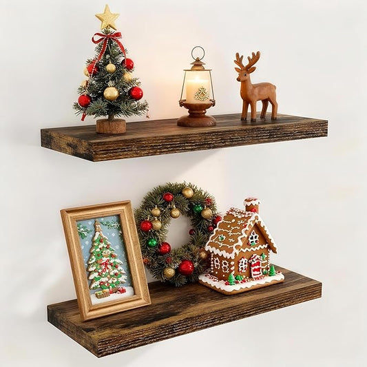 Floating Shelves for Wall, 24 x 9.3 Floating Shelf Wall-Mounted, Rustic Wood Bathroom Shelf Set of 2, Deep Bookshelf Storge Shelves for Living Room, Bedroom, Farmhouse, Rustic Brown Color