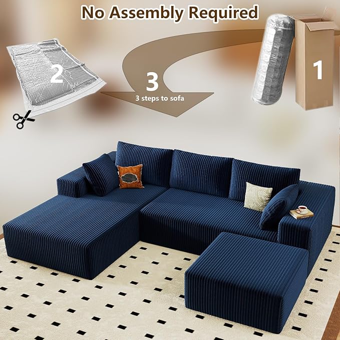 96" U-Shape Cloud Couch, Modern Modular Sectional L-Shape Sofa with Ottoman, Corduroy Upholstered Couches Deep Seat Sleeper Chaise Longue for Living Room, No Assembly Required(Blue, Left Facing)