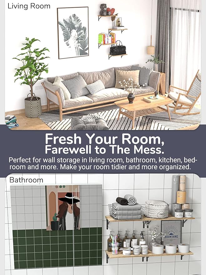 Deep Floating Shelves 10" D x 16.5" W Set of 4, Rustic Wood Wall Bookshelves for Living Room, Kitchen, Laundry Room, Bathroom, Bedroom, Books, Plants, and More (Natural Burned Finish)