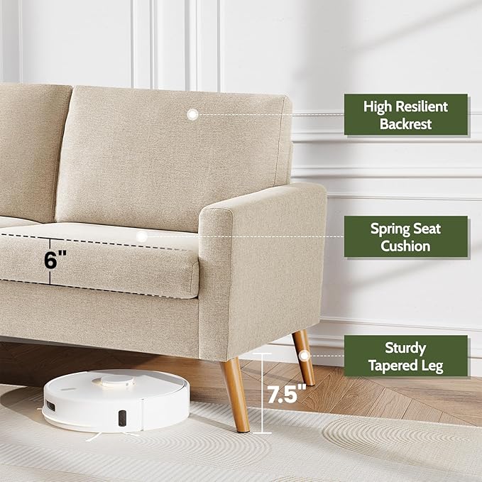 WEUP 68" Loveseat Sofa Oatmeal Linen Couch, Mid Century Modern Love Seat Couches for Living Room, Small Loveseat for Bedroom Office, Comfy Sofa with Spring Cushion, Solid Wood, Tool-Free Assembly