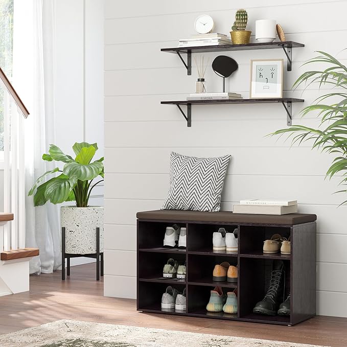 DINZI LVJ Long Wall Shelves, 23.6 Inch Wall Mounted Shelves Set of 2, Easy-to-Install, Storage Ledges with Sturdy Metal Brackets for Living Room, Bathroom, Bedroom, Kitchen, Espresso