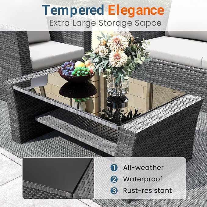 Wisteria Lane 4 Piece Patio Furniture Set, Wicker Outdoor Patio Conversation Furniture Set, All Weather Outdoor Patio Sofa with Cushion and Glass Table, Light Gray