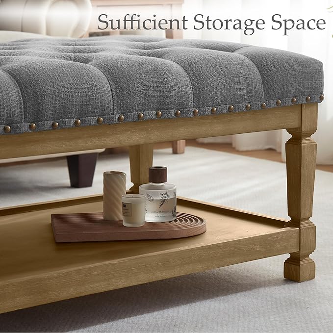 48" Ottoman Coffee Table with Storage, Rectangle Coffee Tables for Living Room, Fabric Tufted Ottomans, Upholstered Storage Ottoman Bench for Bedroom, Entryway (Grey)
