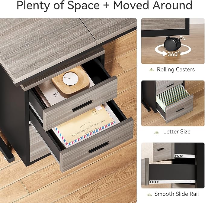 LITTLE TREE 82.67" Long Executive Desk with Drawers, Large L-Shaped Office Desk with Mobile File Cabinet, Farmhouse Computer Office Furniture Work Desk with Storage for Home Office, Gray