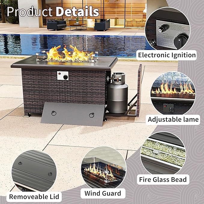 Gotland 13 Pieces Patio Furniture Set with Fire Pit Table Swivel Chairs, PE Rattan Outdoor Furniture Set with 29.5'' High Backrest 4’’ Thick Cushions Coffee Table, Patio Set for Porch, Deck, Navy