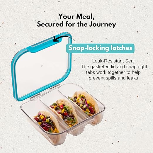 MyGo Pro Rectangular Taco Container, 3-Compartment Clear Heavy Duty Plastic Taco Holder, Portable Sleek Design, Spill-Resistant with Removable Gasket, 6.375" L X7.5" W X 2.75" H