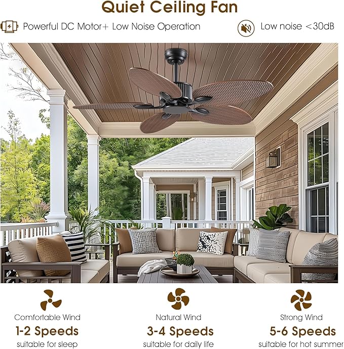 50 Inch Tropical Ceiling Fan no Light, Outdoor Waterproof Palm Leaf Ceiling Fans for Patios Porches, Remote +APP Control, Wet Rated, 6 Speeds, Quiet, Brown