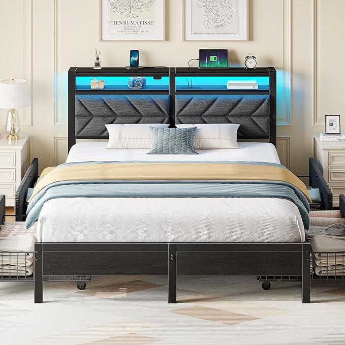 Seventable Queen Bed Frame with 4 Storage Drawers, Charging Station & LED Lights, Upholstered Headboard with 2-Tier Shelves, Metal Platform Bed, No Box Spring Needed, Noise-Free, Grey