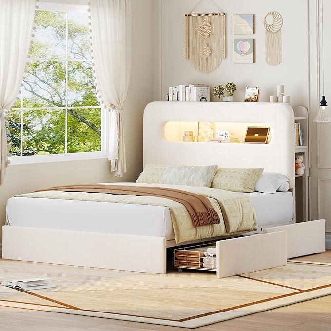 HOSTACK Full LED Bed Frame with Storage Headboard and Charging Station, Kids Bed Frame with 4 Drawers and USB Ports, Velvet Upholstered Platform Bed Frame with Bookcase, No Box Spring Needed, Cream