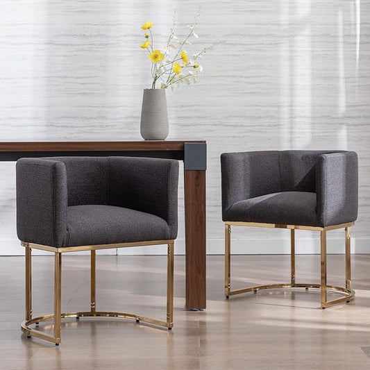 Linen Fabric Dining Chairs Set of 2 Modern Barrel Arm Chairs with Black Frame, Upholstered Kitchen Chairs 18.5" Wide Accent Chairs for Living Room Dining Room Restaurant, Charcoal