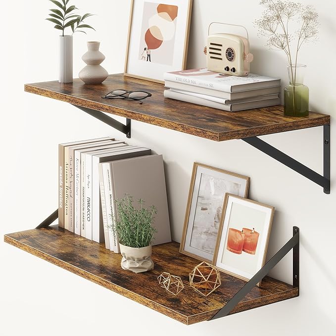 12 Inch Deep Floating Shelves, 30W x 12D Wall Shelves with Brackets, Floating Shelves 30 Inch Long, Rustic Wood Wall Shelf, Wide Storage Display Shelf for Kitchek, Living Room, Bathroom, Rustic Brown