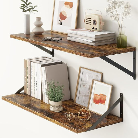 12 Inch Deep Floating Shelves, 30W x 12D Wall Shelves with Brackets, Floating Shelves 30 Inch Long, Rustic Wood Wall Shelf, Wide Storage Display Shelf for Kitchek, Living Room, Bathroom, Rustic Brown
