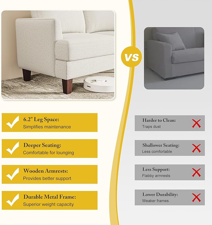 3 Seater Sofa Couch with Deep Seats, 89" Mid Century Modern Upholstered Sofa with Armrests, Comfy Couches for Living Room, Bedroom and Office, Linen Fabric Apartment Couch (Linen Beige)