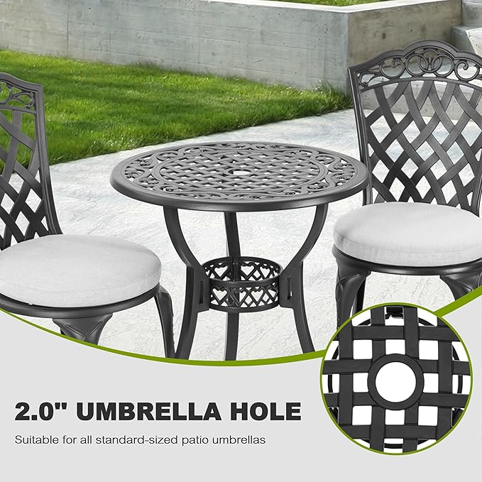 NUU GARDEN Outdoor Cast Aluminum Bistro Set, 3-Piece Patio Bistro Set with Table and 2 Chairs, Weather-Resistant Furniture with Gray Cushions and Umbrella Hole for Balcony, Garden, Lawn, Black