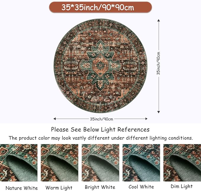 Moynesa Ultra-Thin Washable Round Rug - 3Ft Brown Entryway Rug Low Pile Bathroom Circle Mat, Non Slip Non Shedding Indoor Kitchen Floor Accent Carpet for Bedroom Living Room Foyer Doorway