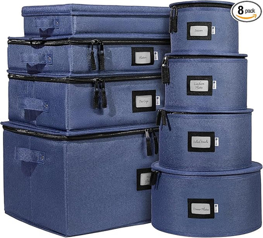 Hard Shell China Storage Containers 8-Piece Set Moving Boxes for Dinnerware, Glasses, Plates, Mugs and Saucers Sturdy Dish Organizer with Dividers for Seasonal Storage - Service for 12 - Denim Blue