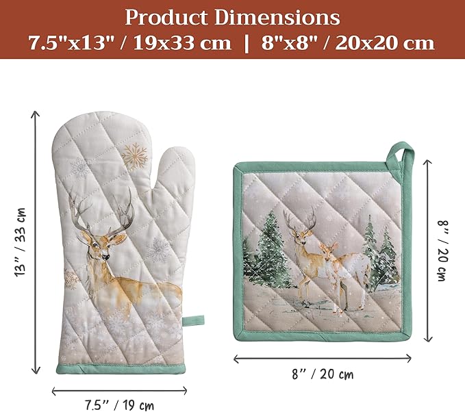Maison d' Hermine 100% Cotton Oven Mitt & Pot Holder Set (7.5"x13" & 8"x8") Heat Resistant BBQ Cooking Gloves with Loop for Thanksgiving Christmas Decorations Handling Hot Pans (Deer in The Woods)