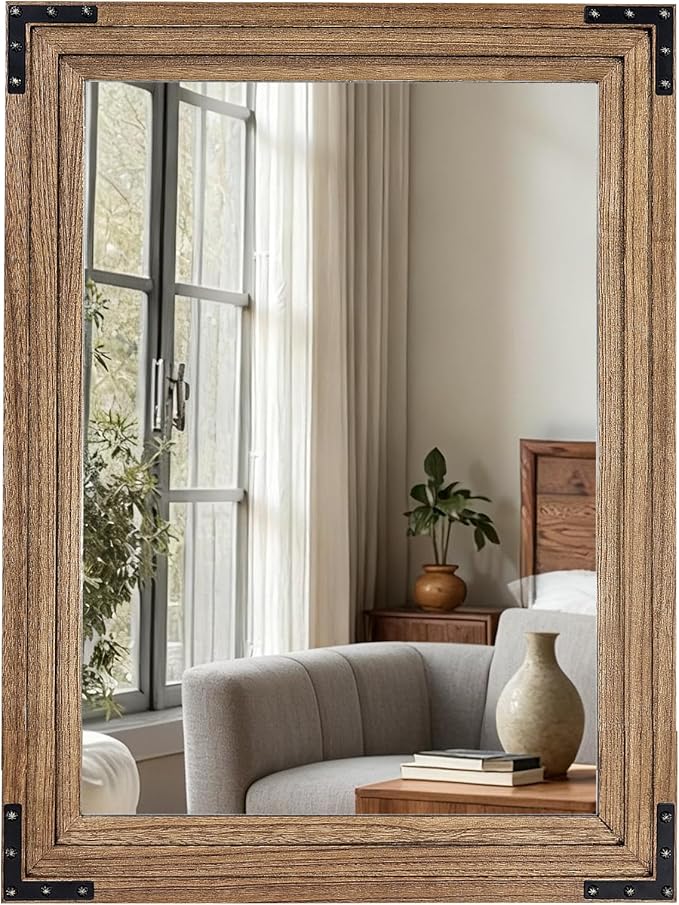 Full Length Mirror 40"x30" Solid Wood Frame Floor Standing Mirror, Hanging or Leaning Wall-Mounted for Living Room, Bedroom, Oak Color