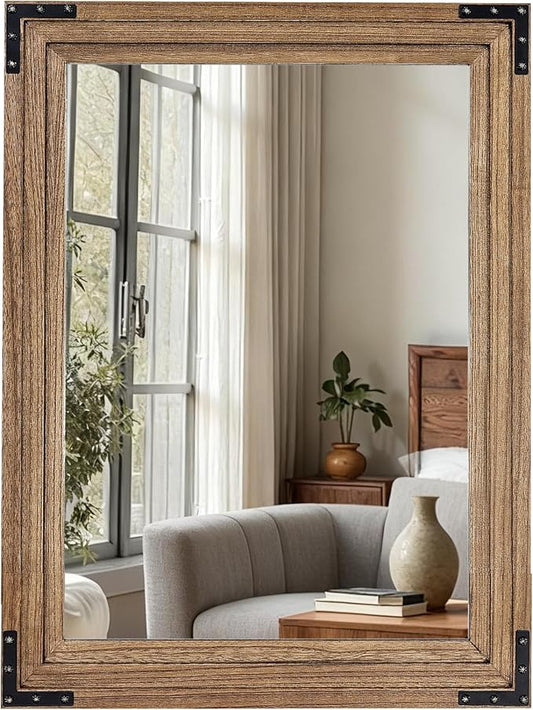 Full Length Mirror 40"x30" Solid Wood Frame Floor Standing Mirror, Hanging or Leaning Wall-Mounted for Living Room, Bedroom, Oak Color