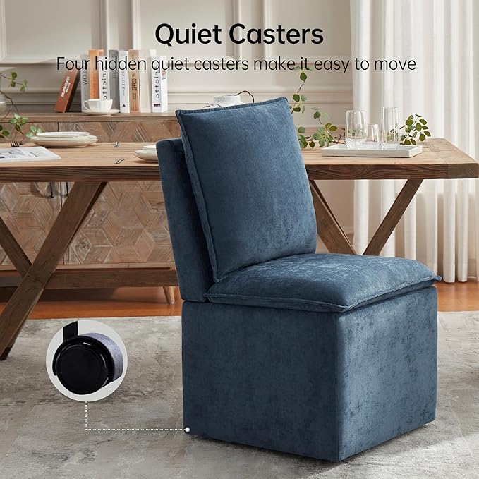 VKNOW Upholstered Dining Chairs, Modern Rolling Chairs with Storage and Wheels, Linen Armless Chair with Cushion and Backrest, Dining Room Chairs for Living Room Kitchen Bedroom, Nav
