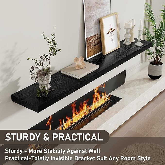 Fun Memories 55 Inch Long Floating Shelves for Wall, 8" Deep Floating Shelves for Bathroom Living Room Bedroom, Black Rustic Wall Mounted Shelf with Invisible Heavy-Duty Bracket, 2 Pack