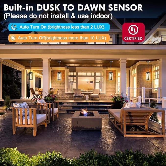 Outdoor Pendant Light Dusk to Dawn, 11'' Porch lights Outdoor Chandelier Hanging Ceiling Lights, Black Aluminum Lightshade with Tempered Glass, Exterior Lighting Fixture for Porch Yard, Gazebo, 1 Pack