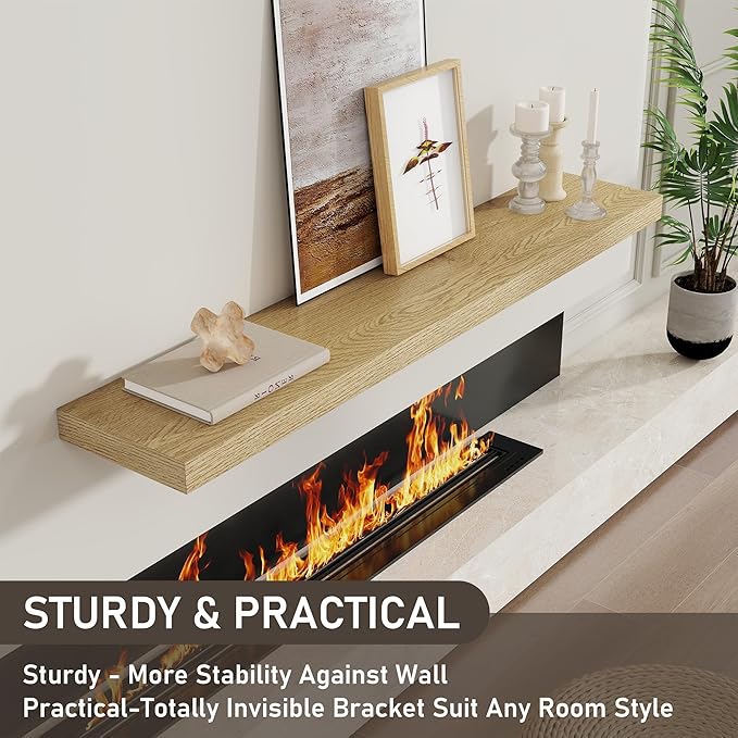 Fun Memories 48 Inch Floating Shelves for Wall 8 Inch Deep Oak Shelves Set of 2, Wall Mounted Rustic Wood Long Floating Shelf, Large Display & Storage Shelf with Invisible Brackets