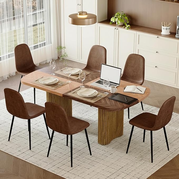 79" Large Dining Table Set for 6, Modern Farmhouse Dining Room Table Set with 1.7" Thick Two-Tone Wood Top, Sculpted Wave Legs & 6 Suede Upholstered Chairs, Wooden Kitchen Table Set for Living Room