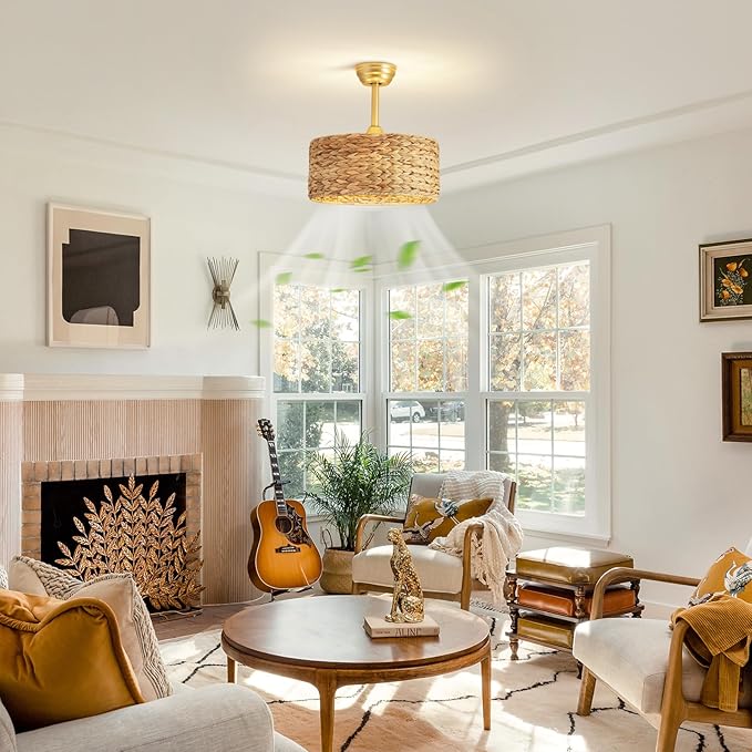 Boho Fandelier Ceiling Fans with Lights, Rattan Chandelier Fan Gold Caged Ceiling Fan with Light Remote, Flush Mount Chandelier Ceiling Fan with 6 Speeds Fandelier for Bedroom, Living Room,Kitchen