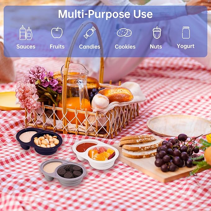 NiHome 3-Pack Reusable Dual-Compartment Silicone Snack Containers with Lids, Safe for Baby Food, Leak-Proof & Easy-Clean for Dips, Sauces, Travel, Microwave & Dishwasher Safe (Cream, Gray, Black)