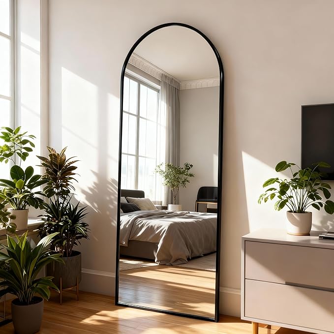 Arched Full Length Mirror,56" L x 15" W Floor Mirror, Aluminum Alloy Frame, Shatterproof Glass - Free Standing, Leaning or Wall Mounted for Bedroom, Living Room, Entryway, Modern Home (Black)