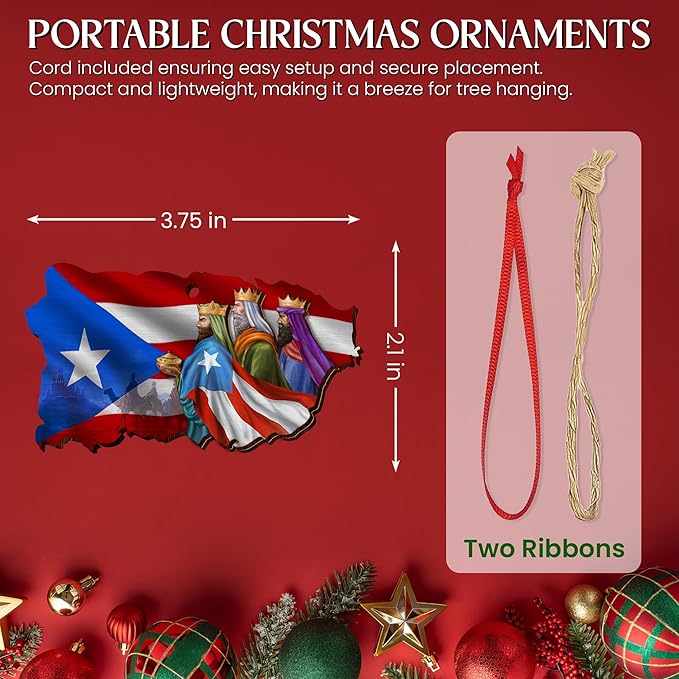 FLAGWIX Puerto Rico Christmas Ornament Gifts for Family Mom Dad - Three Kings Day Wooden Christmas Ornaments 2025 for Xmas Tree Decorations - Puerto Rico Gifts for Women Men, Friend Gift Ideas