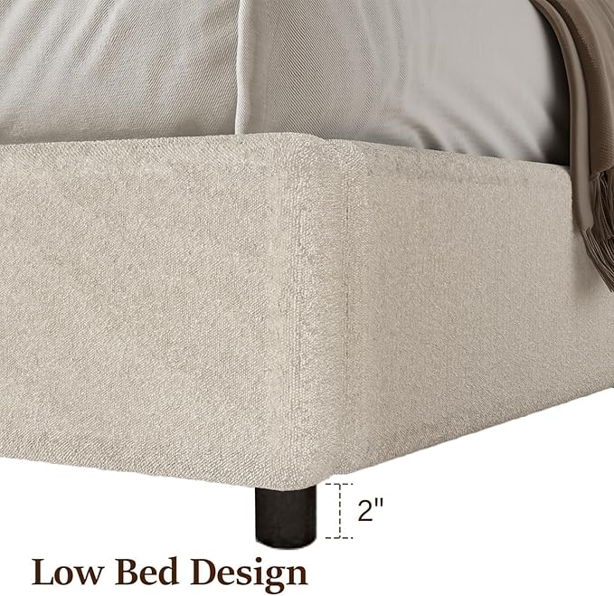 Queen Bed Frame, Boucle Upholstered Platform Bed Frame with Rounded Corners, Soft Bedframe with Round Headboard, No Box Spring Required, Easy Assembly, White