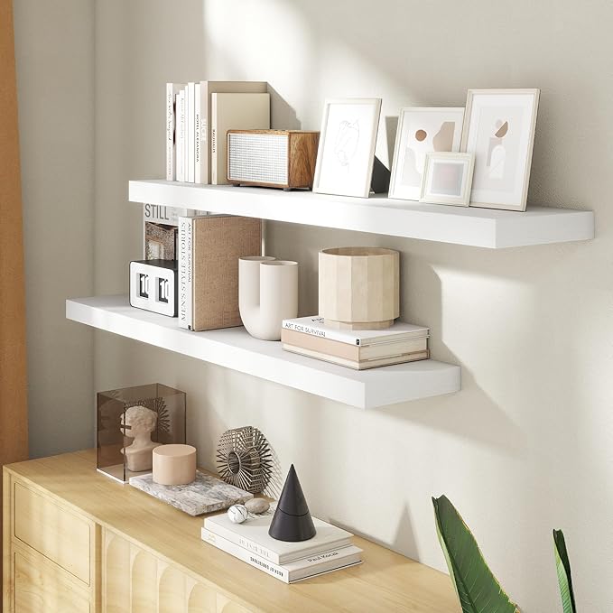 48 Inch Floating Shelves for Wall, 8 Inch Deep Floating Shelf for Storage & Display, Rustic Wall Mounted Shelf with Invisible Brackets for Living Room, Kitchen, Bathroom, Home Decor, Set of 2, White