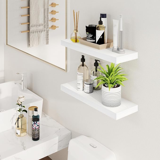 Fun Memories Floating Shelves for Wall, 24Inch Floating Shelves Set of 2, Hanging Shelf with Invisible Brackets, Wood Shelves for Living Room, Bedroom, Kitchen, White