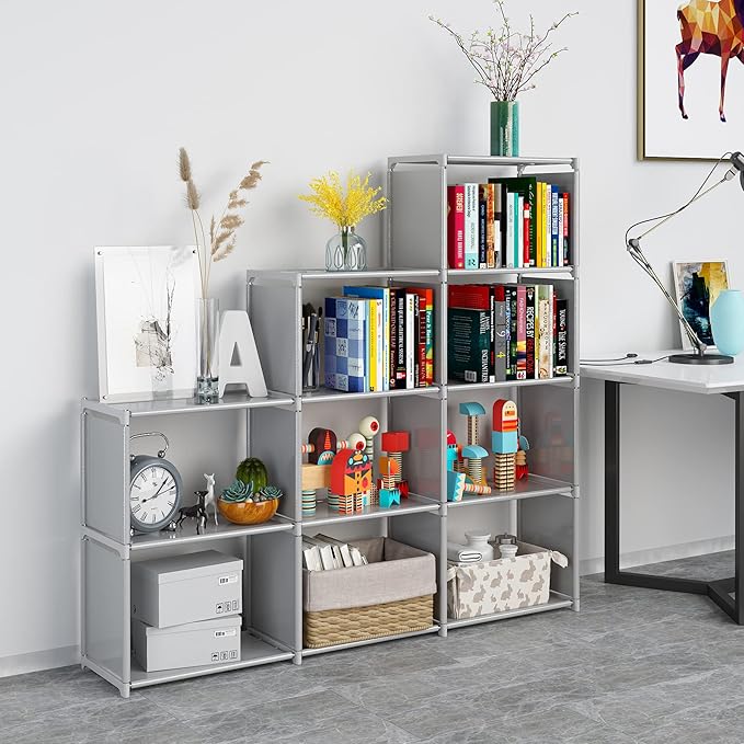 JIUYOTREE Portable Bookshelf, 9 Cube Closet Storage Organizer Bookcase,Clothes Storage for Living Room,Study Room,Bedroom, Grey