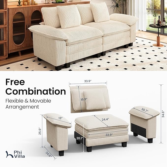 PHI VILLA Cloud Modular Couches Sets, 87.5" Sectional Loveseat Sofa with Upholstered Deep Seat, 2-Seater Comfy Couches for Living Room Bedroom, Corduroy Fabric, Beige
