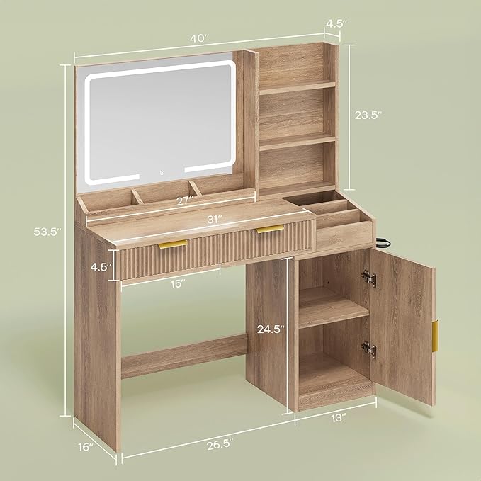 DWVO Fluted Makeup Vanity Desk with Large 27" Mirror and Lights, Modern Big Makeup Table with Power Outlet, 11 Shelves & 2 Drawers, 3 Color Lighting Modes, Dressing Table Vanity Set for Bedroom, Oak