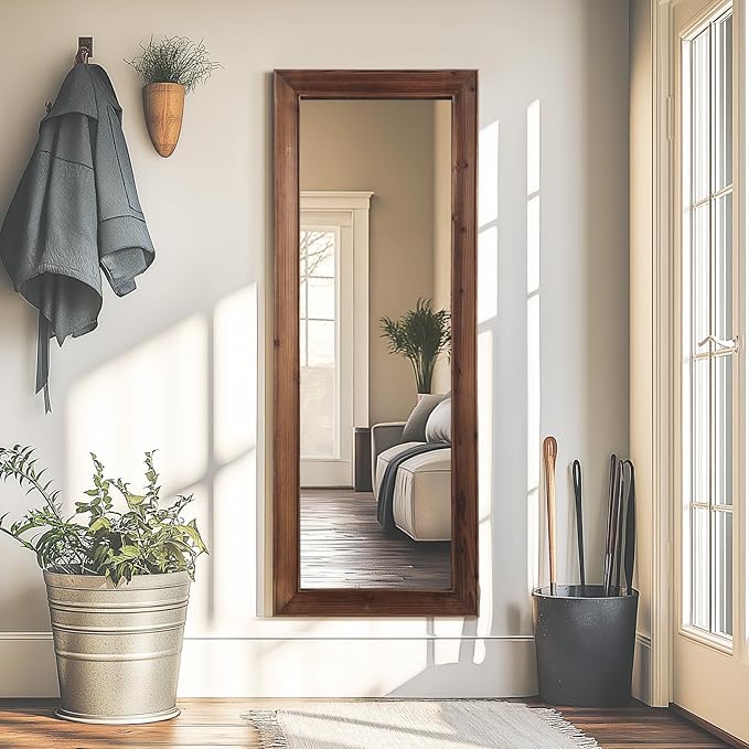 Rustic Floor Full Length Mirror Wood Frame, 56"X21" Farmhouse Free Standing Mirror for Bedroom Living Room Entryway, Hanging or Leaning Wall-Mounted, Tempered Glass, Brown