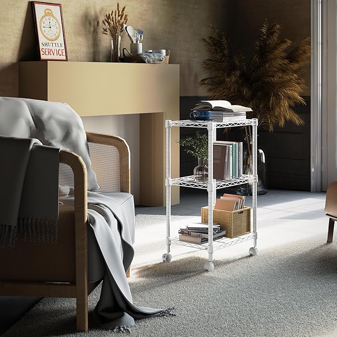 3 Tier Shelf Metal Storage Shelves Wire Rack Closet Organizers with Wheel for Garage Kitchen Bathroom Laundry White 11.8" D x 17.7" W x 29.8" H