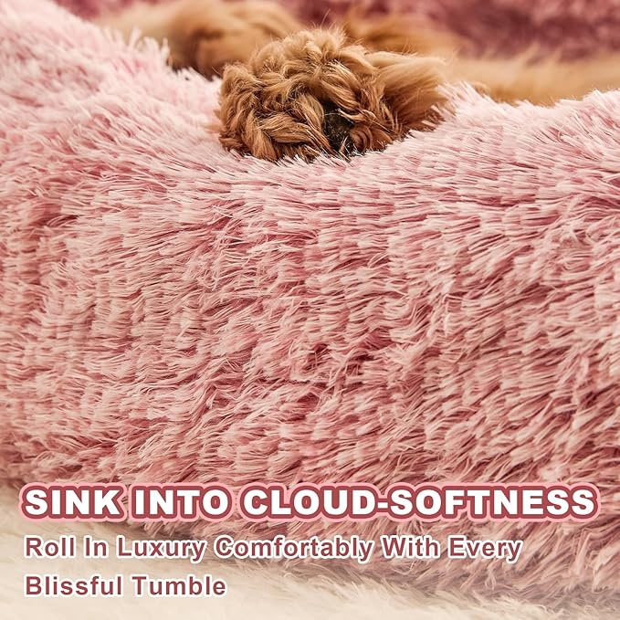 Jiupety Paw Shape Calming Pet Bed, Plush Faux Fur Donut Bed for Dogs & Cats, Machine Washable, Non-Slip Bottom, Large Size (26"×26"×8"), Pink