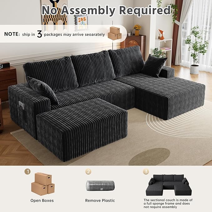 108" U Shaped Sectional Couch with Ottoman, Corduroy Modular Sectional Sofa with Deep Seat, Modern Modular L-Shape Sofa Couch with Chaise,Upholstered Boneless Couches for Living Room Bedroom