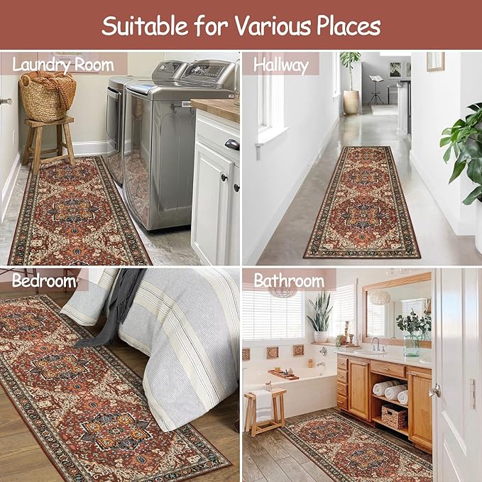 Moynesa Ultra-Thin Washable Runner Rug - 2x7 Low Pile Kitchen Rug Runners for Hallways, Boho Non-Slip Low Pile Indoor Throw Carpet Runner for Living Room Bedroom Bathroom Floor Camper, Brown