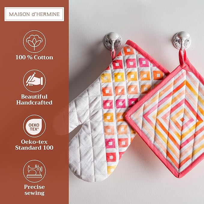 Maison d' Hermine 100% Cotton Oven Mitt & Pot Holder Set (7.5"x13" & 8"x8") Heat Resistant BBQ Cooking Gloves with Loop, Baking, Grilling, Kitchen, Handling Hot Pans Spring/Summer (Summer Maze)