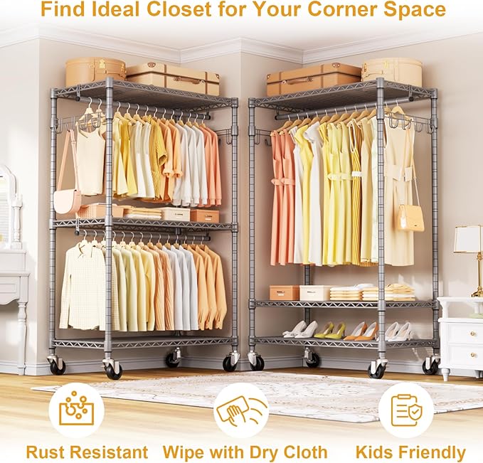 P1 Rolling Clothing Rack with Lockable Wheels, Heavy-Duty Garment Rack for Hanging Clothes, Portable Closet Wardrobe with Shelves, 35.5" W x 15.7" D x 80.5" H, Hold 500lbs, Grey