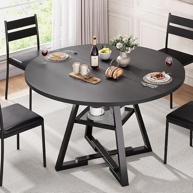 Round Dining Table for 4,Kitchen Dining Room Circle Dinner Pedestal Table,Space Saving Wood Kitchen & Dining Room Furniture (Black, 47In)