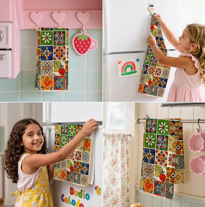 2-Pack Spanish Kitchen Towels, Mediterranean Colorful Tile Pattern Waffle Towels 16x24 Inch, Floral & Fruit Dish Towels Decor for Kitchen, Spanish Inspired Hand Towel for Bathroom Decor.