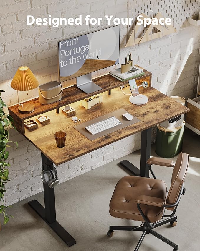 Electric Height Adjustable Standing Desk with Power Outlet and LED Light Strip, Sit to Stand, Ergonomic 48x24" Rising Desk with Memory Presets, Home Office Workstation, Computer Gaming Table, Brown