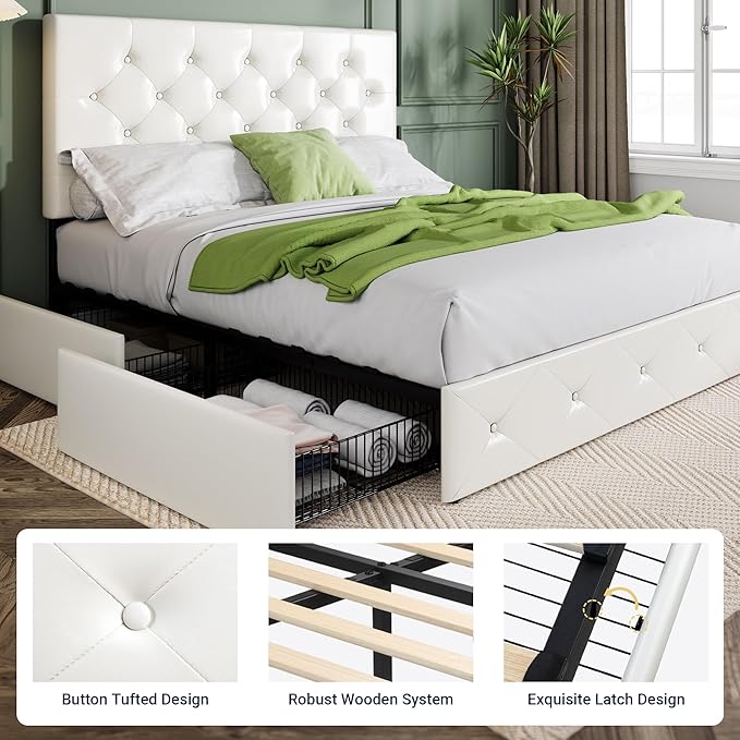 Allewie Upholstered Full Size Platform Bed Frame with 4 Storage Drawers and Headboard, Diamond Stitched Button Tufted, Mattress Foundation with Wooden Slats Support, No Box Spring Needed, White